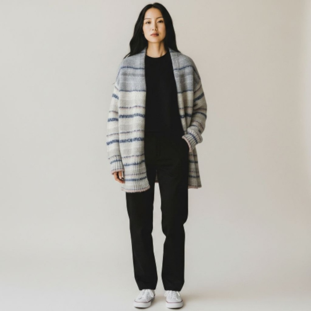 Brochu Walker Alpaca Mohair Wool Blend Open Cardigan XS Gray Stripe Cozy Knit